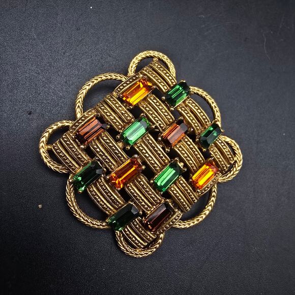 Florenza Jewelry - Florenza Fall Color Rhinestone Brooch Basket Weave Gold Tone Vintage Jewelry